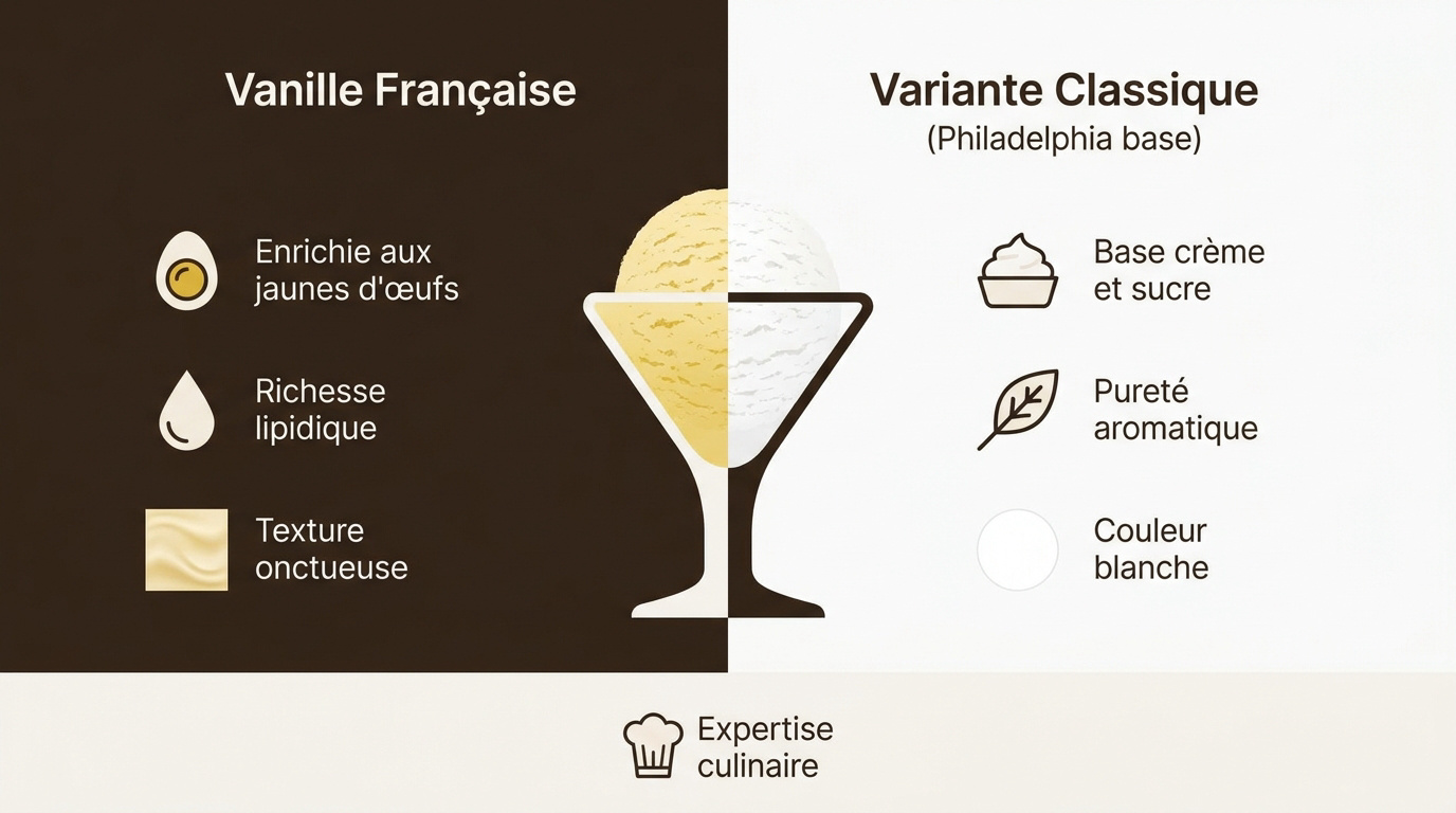 Comparaison visuelle entre une glace à la vanille française onctueuse et une glace classique