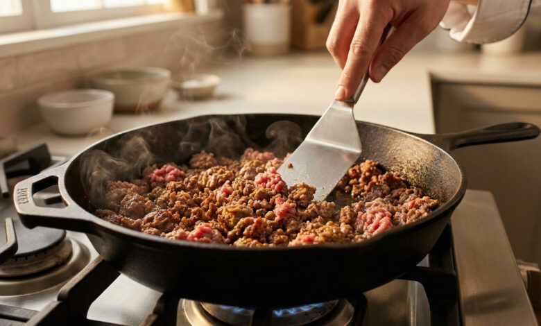 Une main utilise une spatule métallique pour émietter de la viande hachée qui dore dans une poêle en fonte sur le feu.