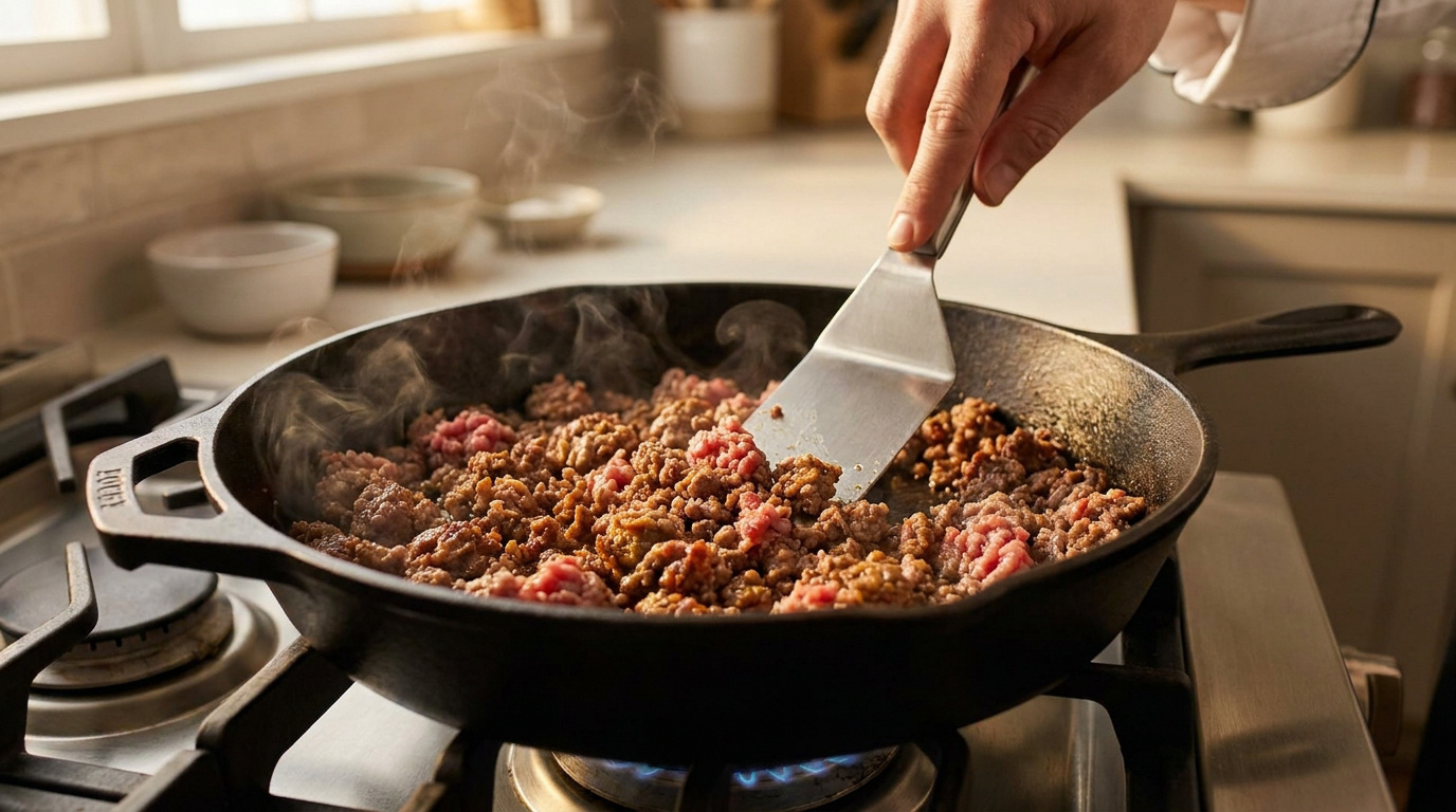Une main utilise une spatule métallique pour émietter de la viande hachée qui dore dans une poêle en fonte sur le feu.