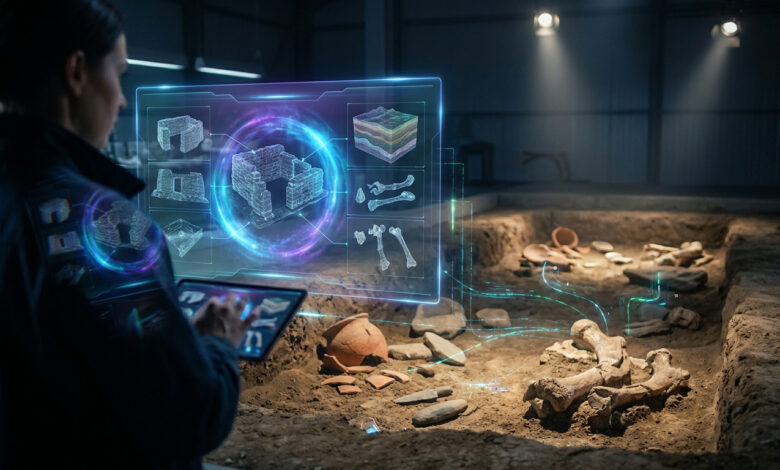 Une archéologue utilise une tablette avec une interface holographique pour analyser des restes humains sur un site.