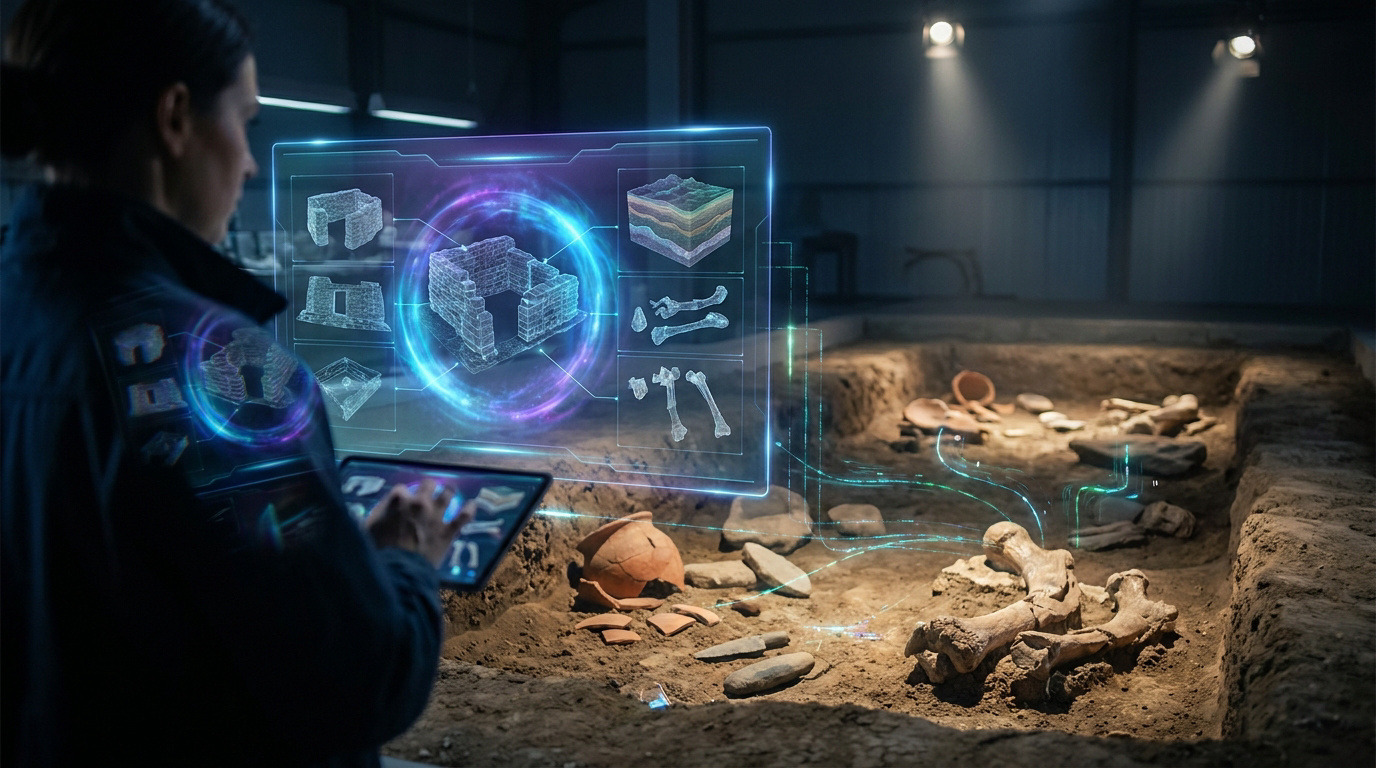 Une archéologue utilise une tablette avec une interface holographique pour analyser des restes humains sur un site.