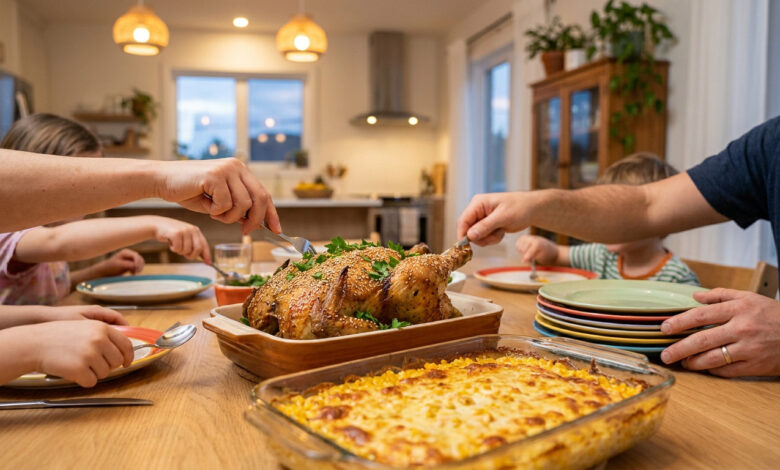 Une famille se sert un dîner composé d'un poulet rôti et d'un gratin dans une cuisine chaleureuse.
