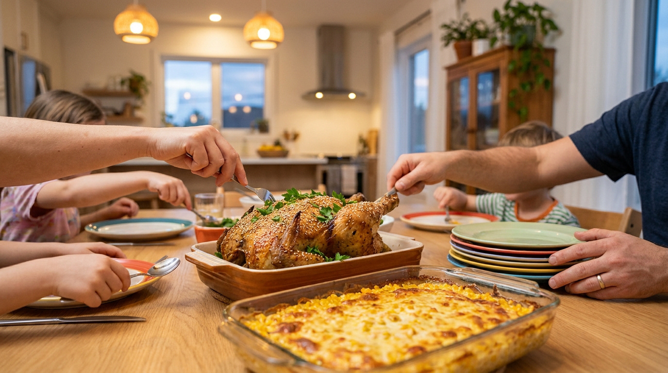 Une famille se sert un dîner composé d'un poulet rôti et d'un gratin dans une cuisine chaleureuse.