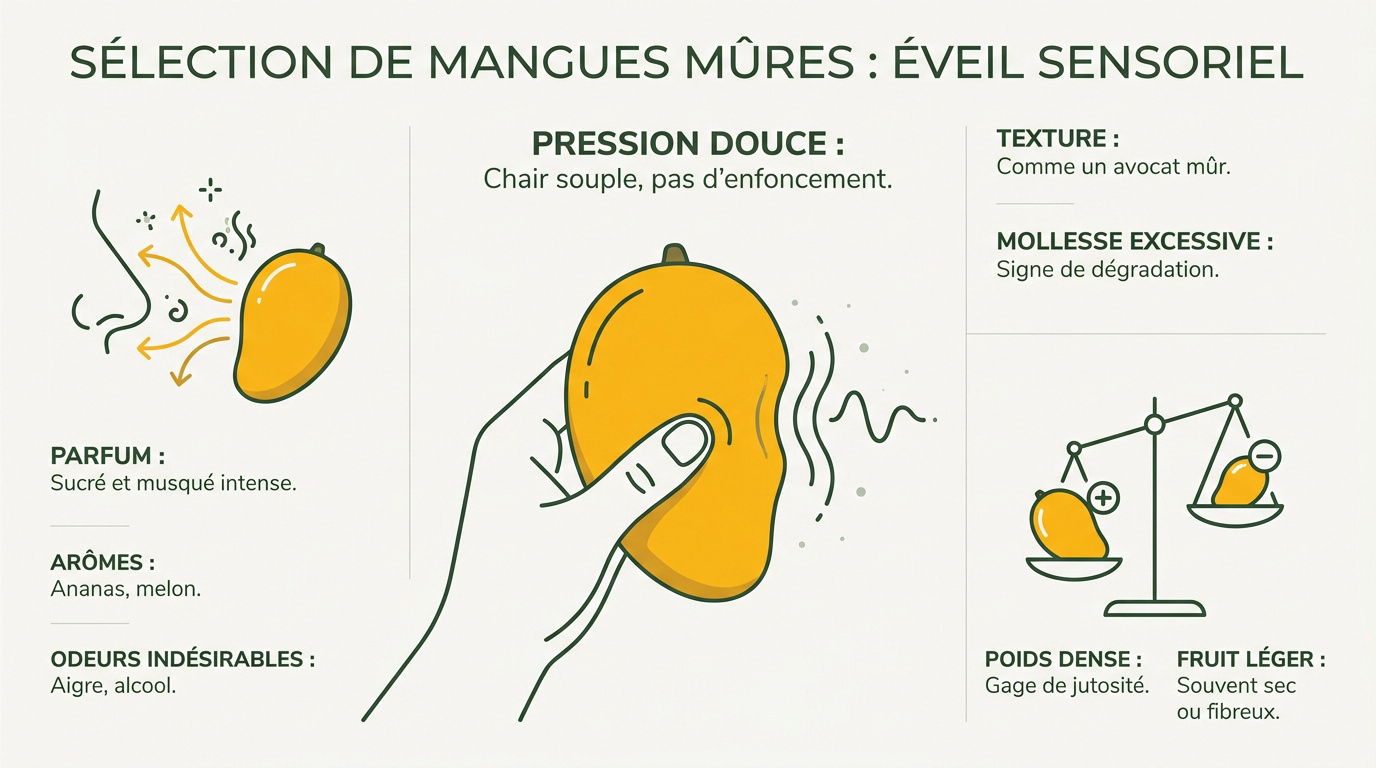 Examen tactile et olfactif d'une mangue mûre pour évaluer sa qualité