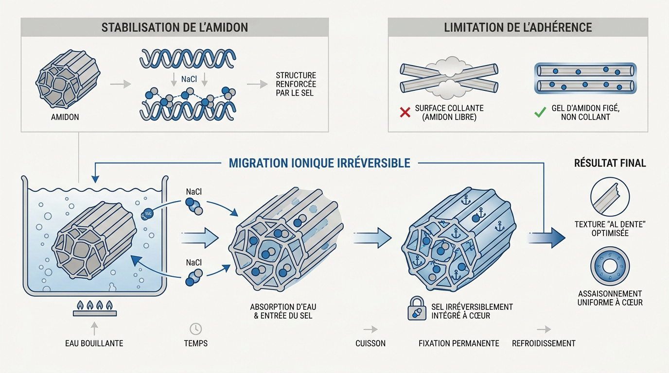 Infographie technique détaillant la cinétique du sel et la gélatinisation de l'amidon des pâtes