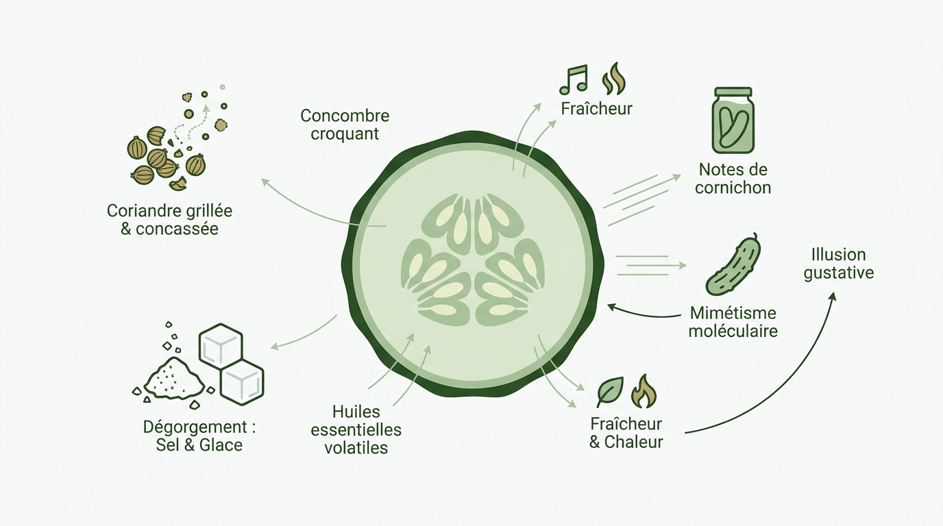 Infographie détaillant les techniques de dégorgement et d'assaisonnement pour une salade de concombre croquante