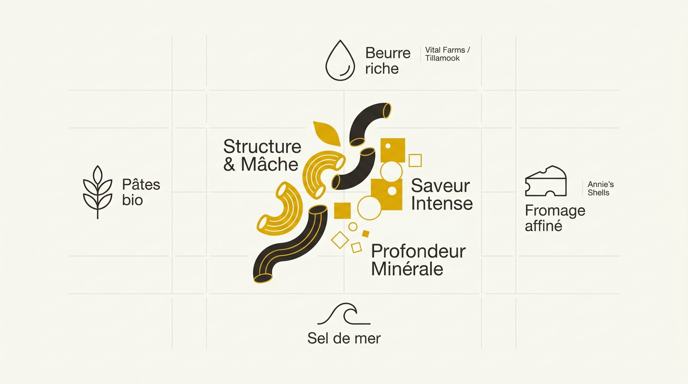 Infographie comparative des ingrédients premium pour macaroni au fromage