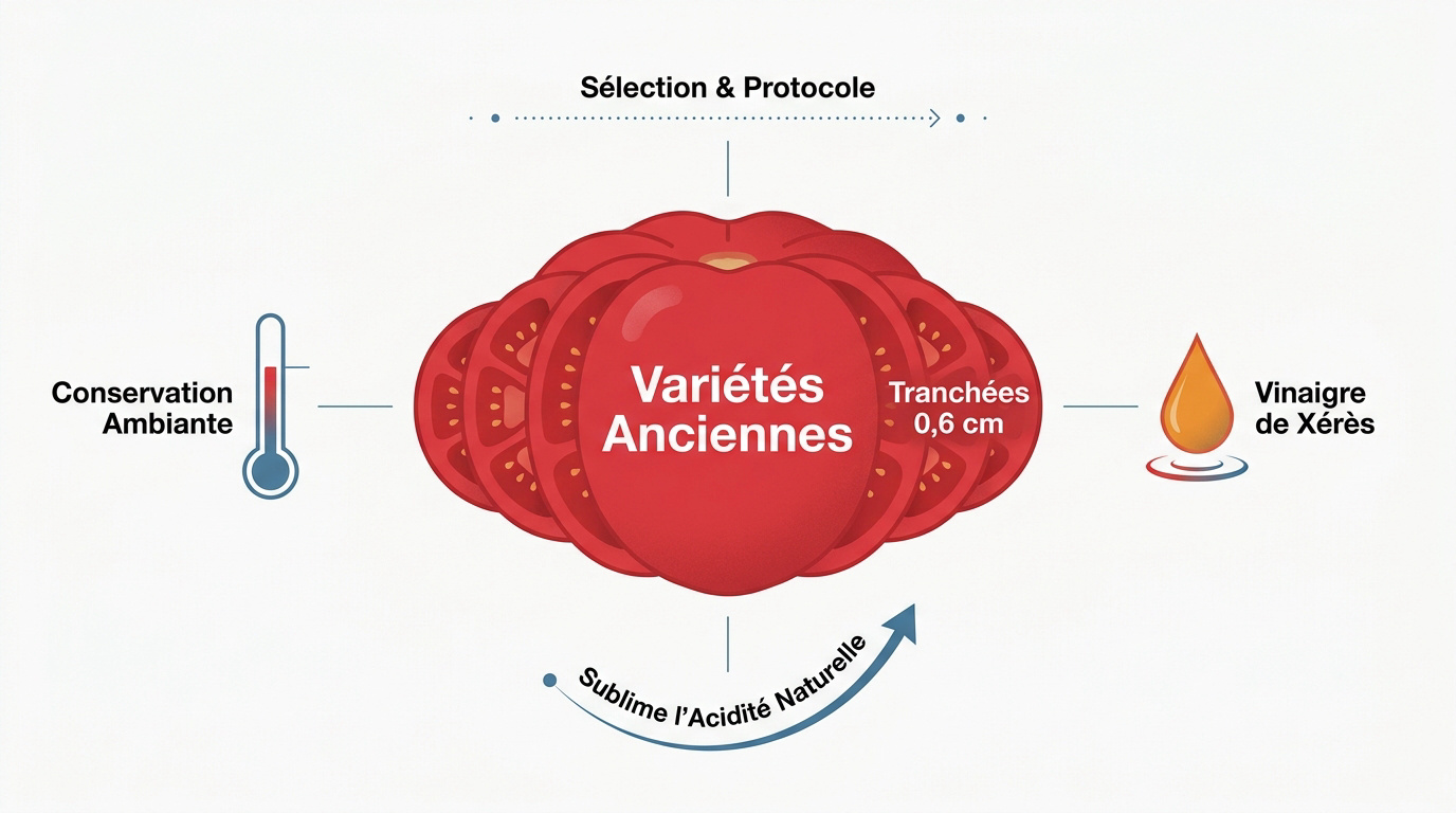 Infographie présentant les variétés de tomates anciennes et leur profil d'acidité pour la salade.