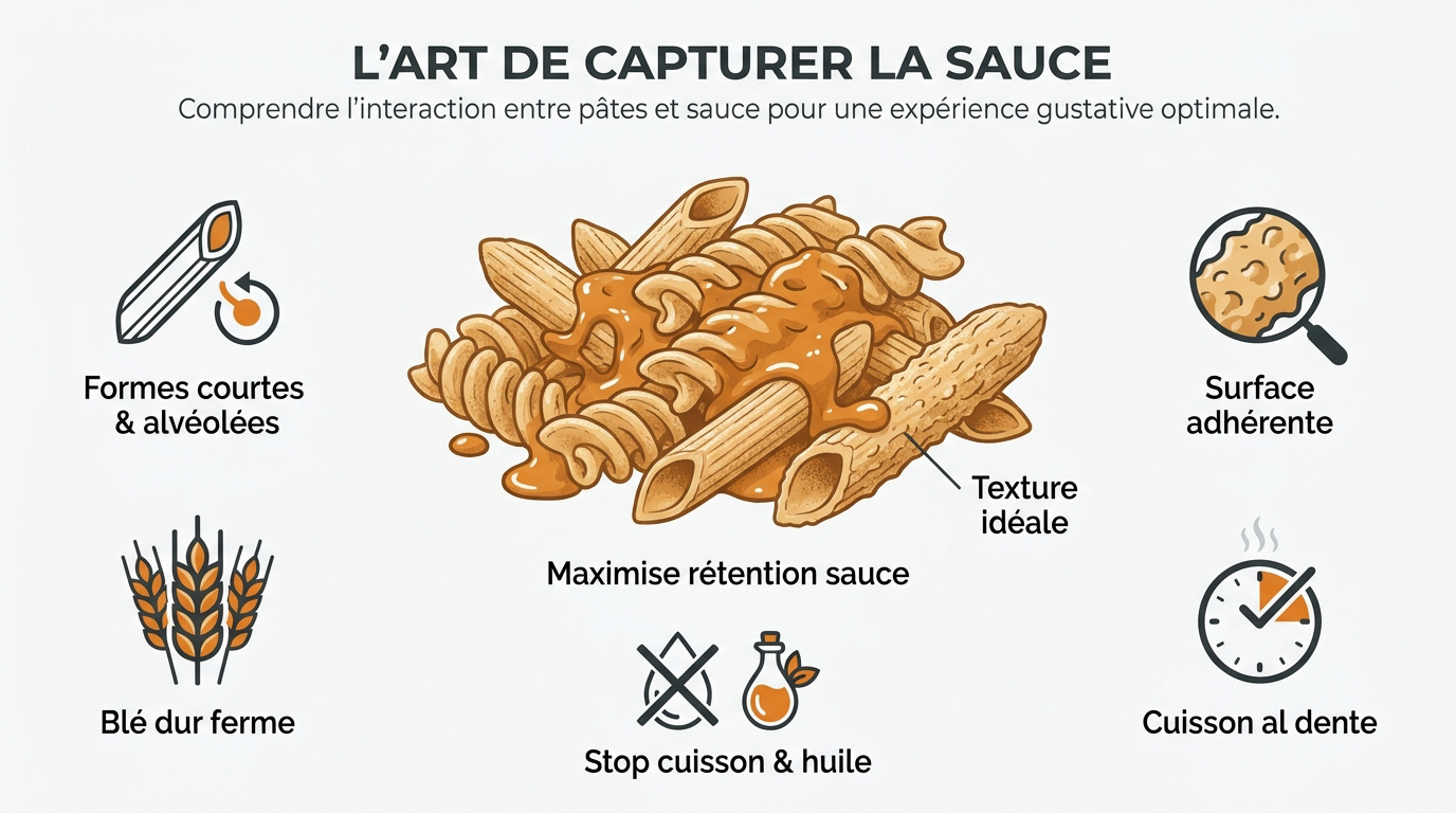 Infographie sur la rétention de sauce selon la forme des pâtes