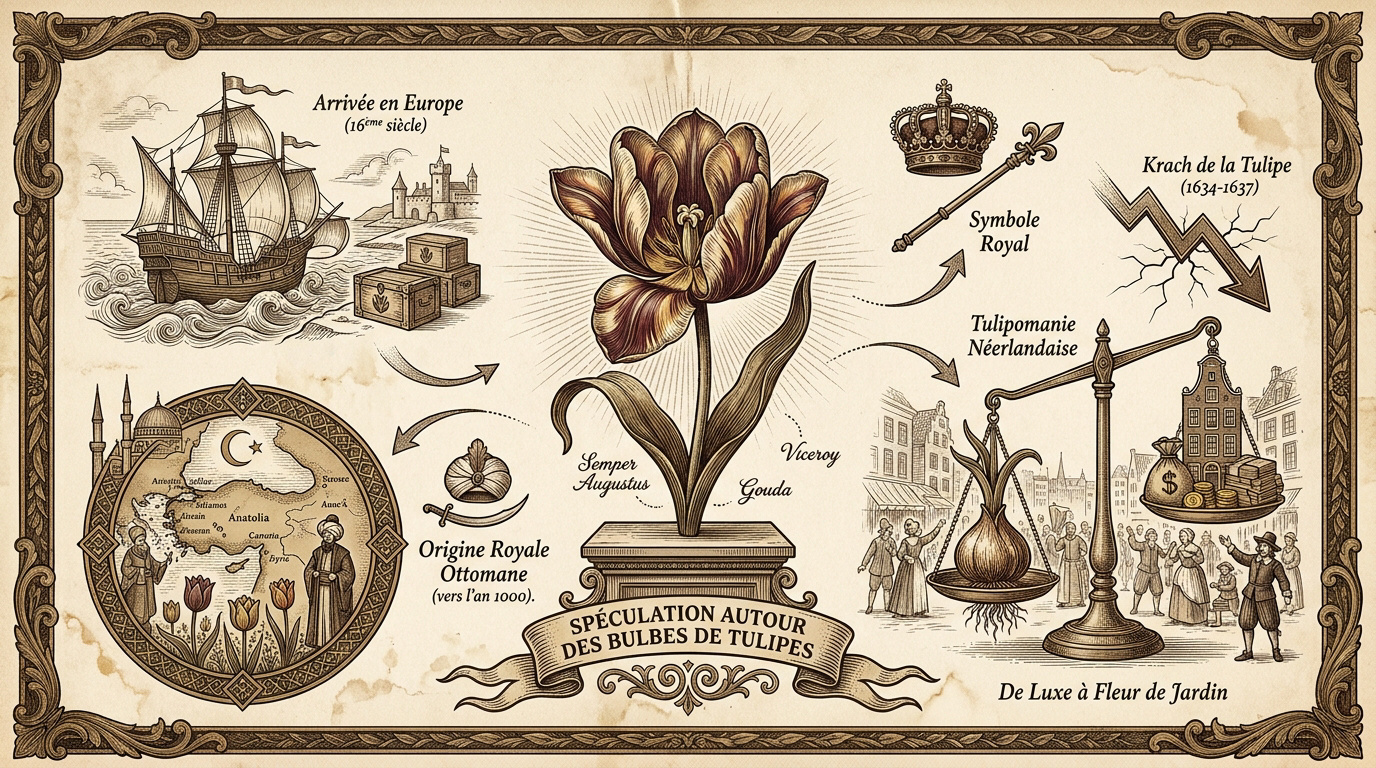 Illustration historique de la tulipomanie et des bulbes de tulipes aux Pays-Bas