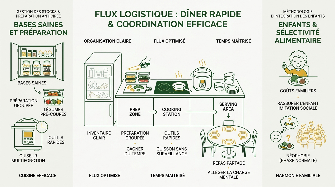 Organisation logistique d'une cuisine familiale pour la préparation de dîners rapides