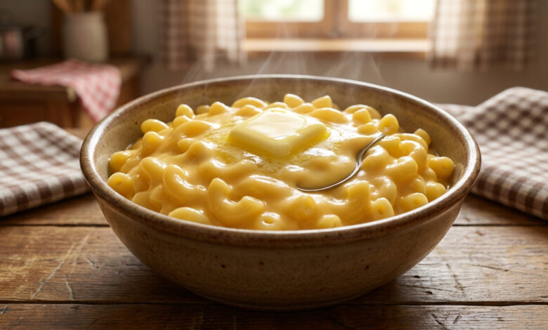 Un bol de macaroni au fromage fumant avec une noisette de beurre fondant au centre, posé sur une table en bois.