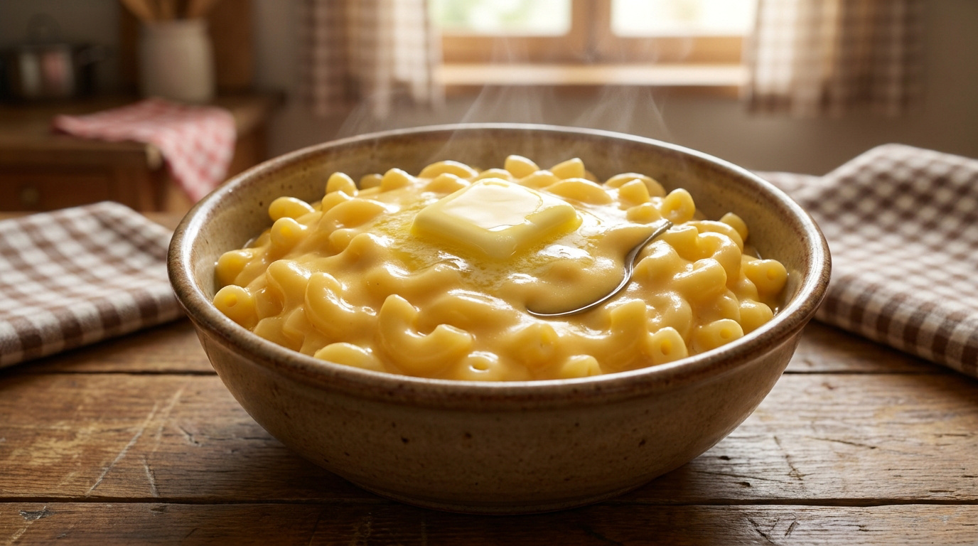 Un bol de macaroni au fromage fumant avec une noisette de beurre fondant au centre, posé sur une table en bois.