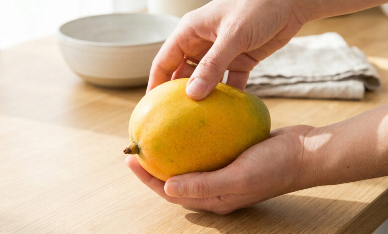 Mains examinant une mangue jaune et verte sur un plan de travail en bois.