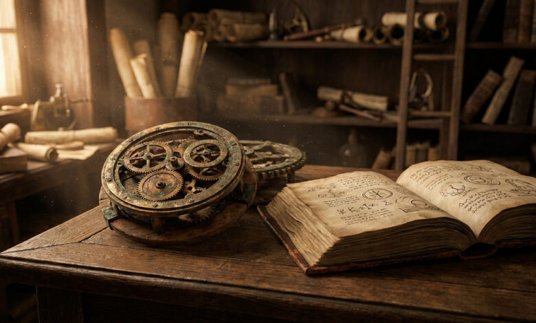 Un mécanisme d'engrenages ancien posé sur une table en bois à côté d'un livre manuscrit rempli de symboles.