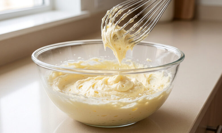 Un fouet de cuisine soulève une crème onctueuse de beurre et de sucre dans un bol en verre sur un plan de travail.