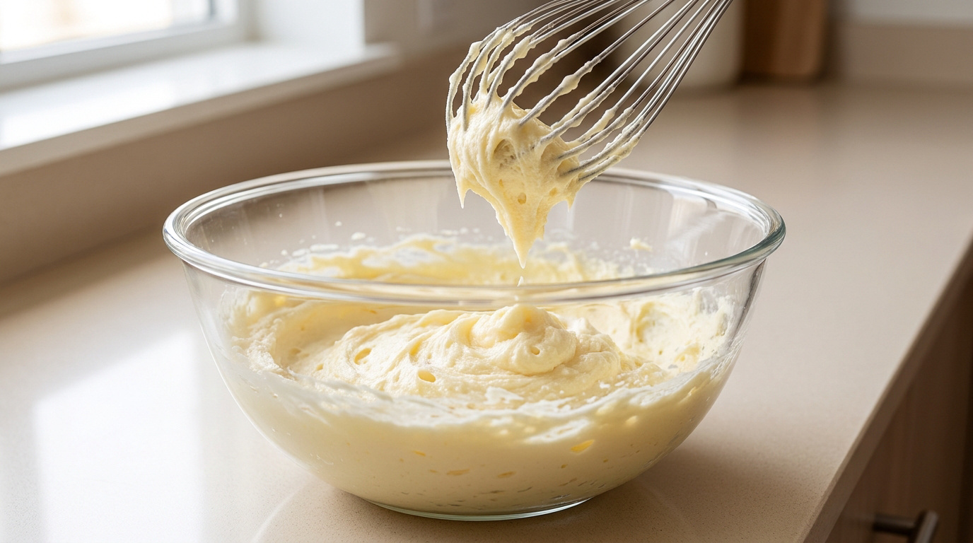 Un fouet de cuisine soulève une crème onctueuse de beurre et de sucre dans un bol en verre sur un plan de travail.