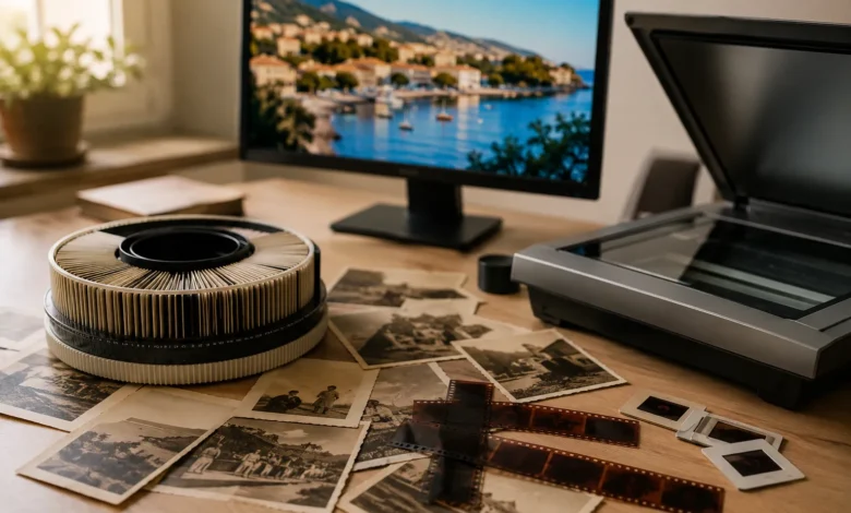 Numérisation de photos argentiques, négatifs et diapositives sur un bureau avec scanner