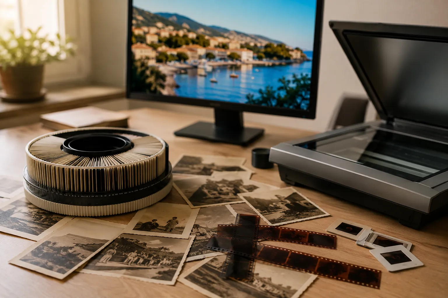 Numérisation de photos argentiques, négatifs et diapositives sur un bureau avec scanner