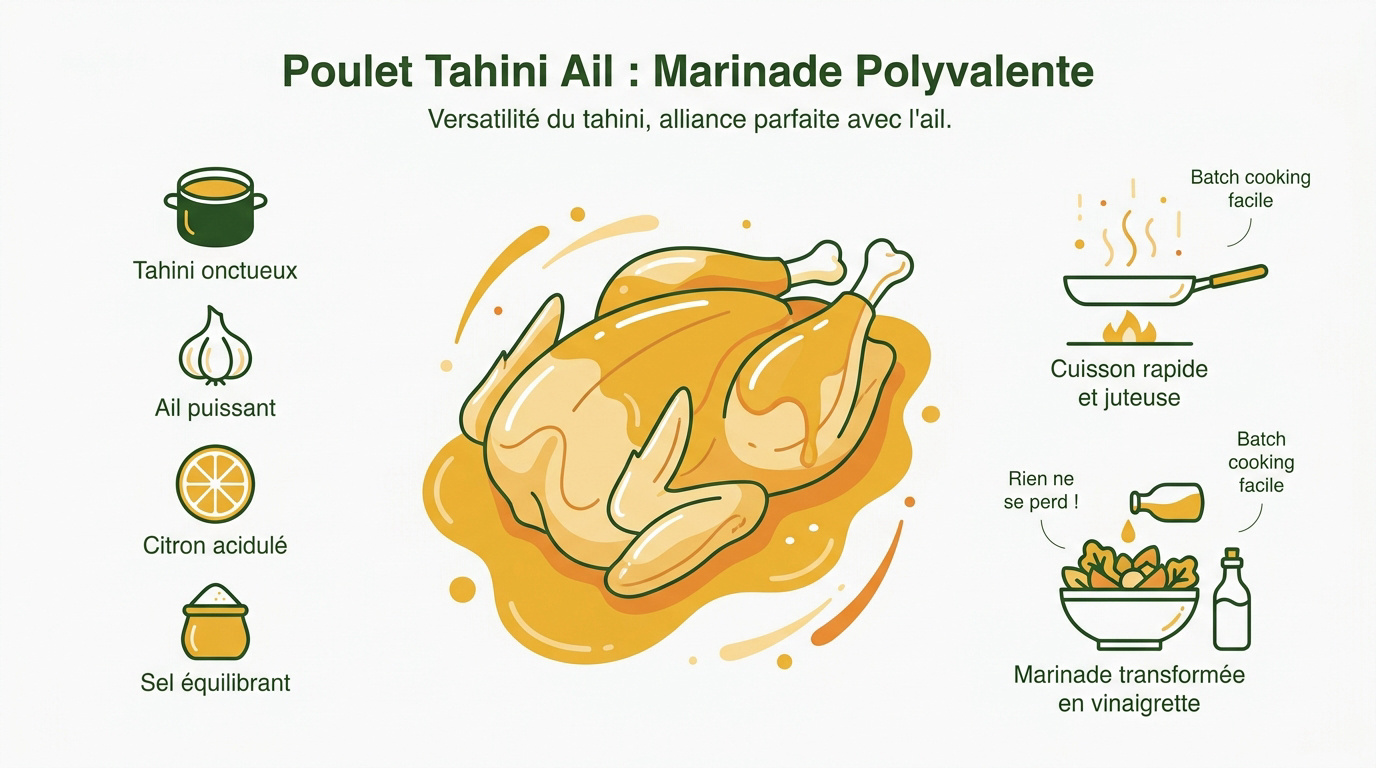 Poulet mariné au tahini et à l'ail présenté dans une assiette avec des légumes