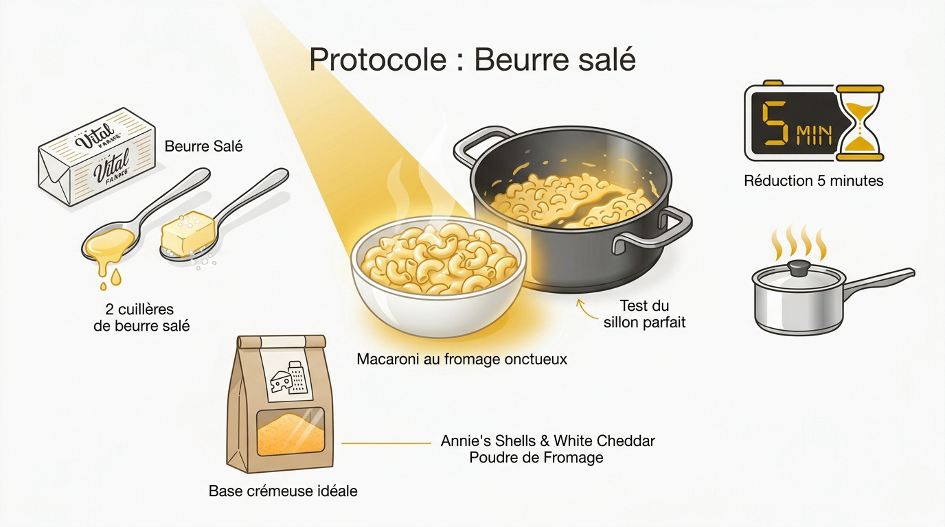 Préparation d'un macaroni au fromage onctueux avec incorporation de beurre salé