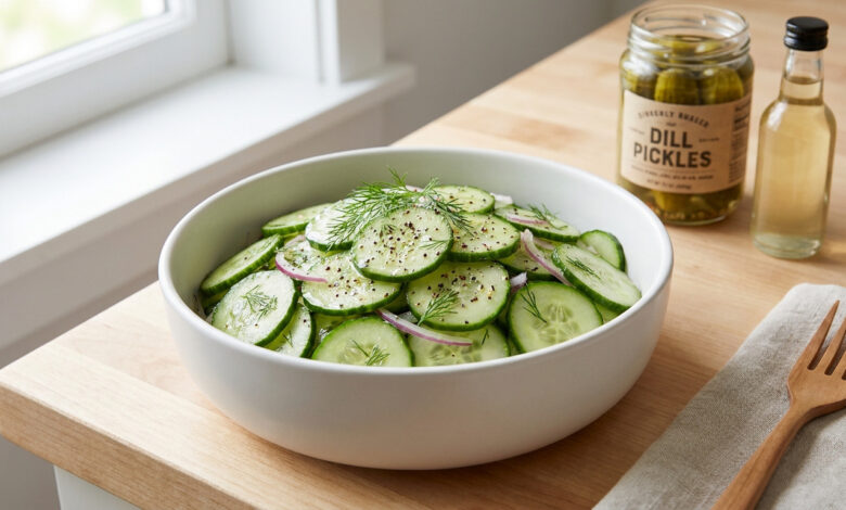 Bol de salade de concombre en tranches avec de l'aneth sur une table en bois près d'un pot de cornichons.