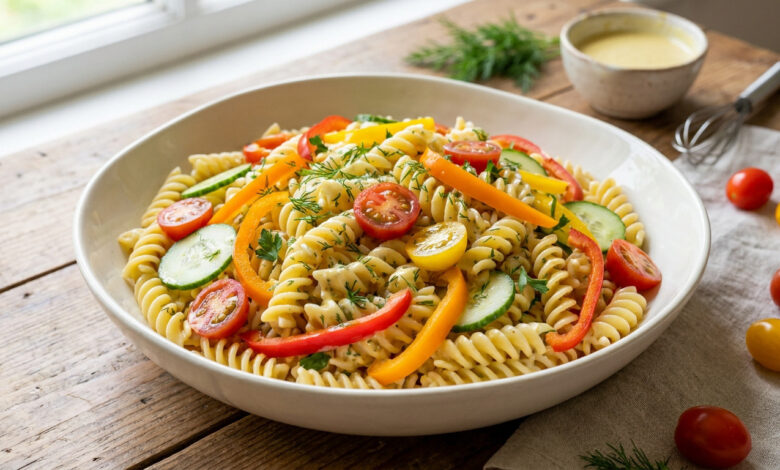 Bol de salade de pâtes fusilli colorée avec légumes frais, aneth et une émulsion crémeuse légère sur une table en bois.