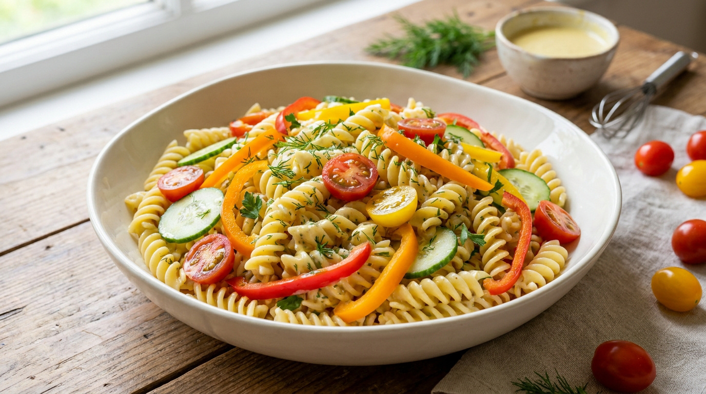 Bol de salade de pâtes fusilli colorée avec légumes frais, aneth et une émulsion crémeuse légère sur une table en bois.