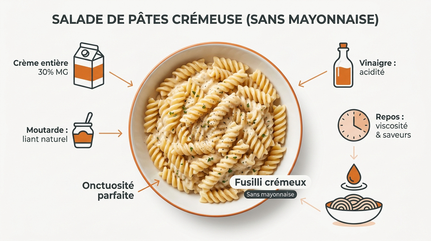 Salade de pâtes fusilli crémeuse aux légumes et œufs durs sans mayonnaise