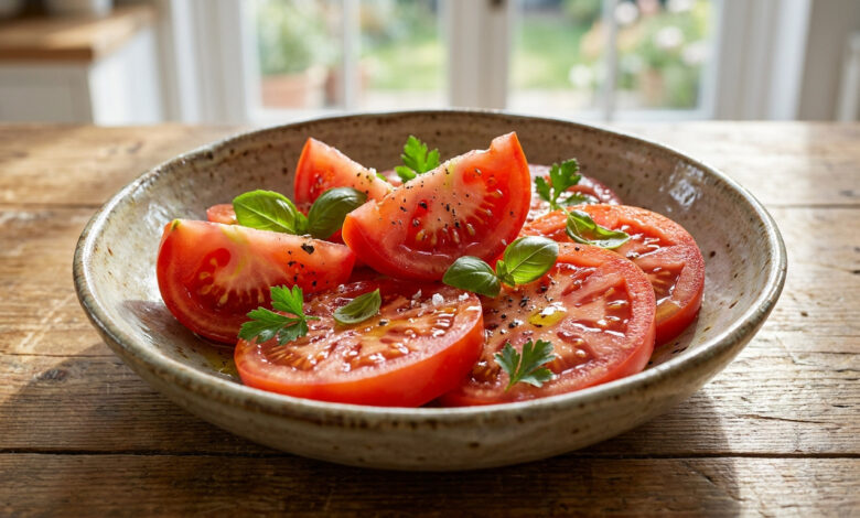 Une assiette artisanale remplie de tranches de tomates rouges fraîches, agrémentées de basilic et de persil sur une table.