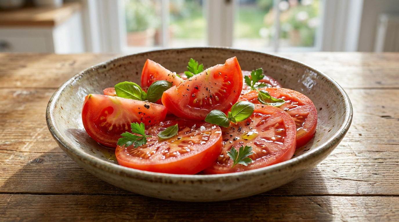Une assiette artisanale remplie de tranches de tomates rouges fraîches, agrémentées de basilic et de persil sur une table.