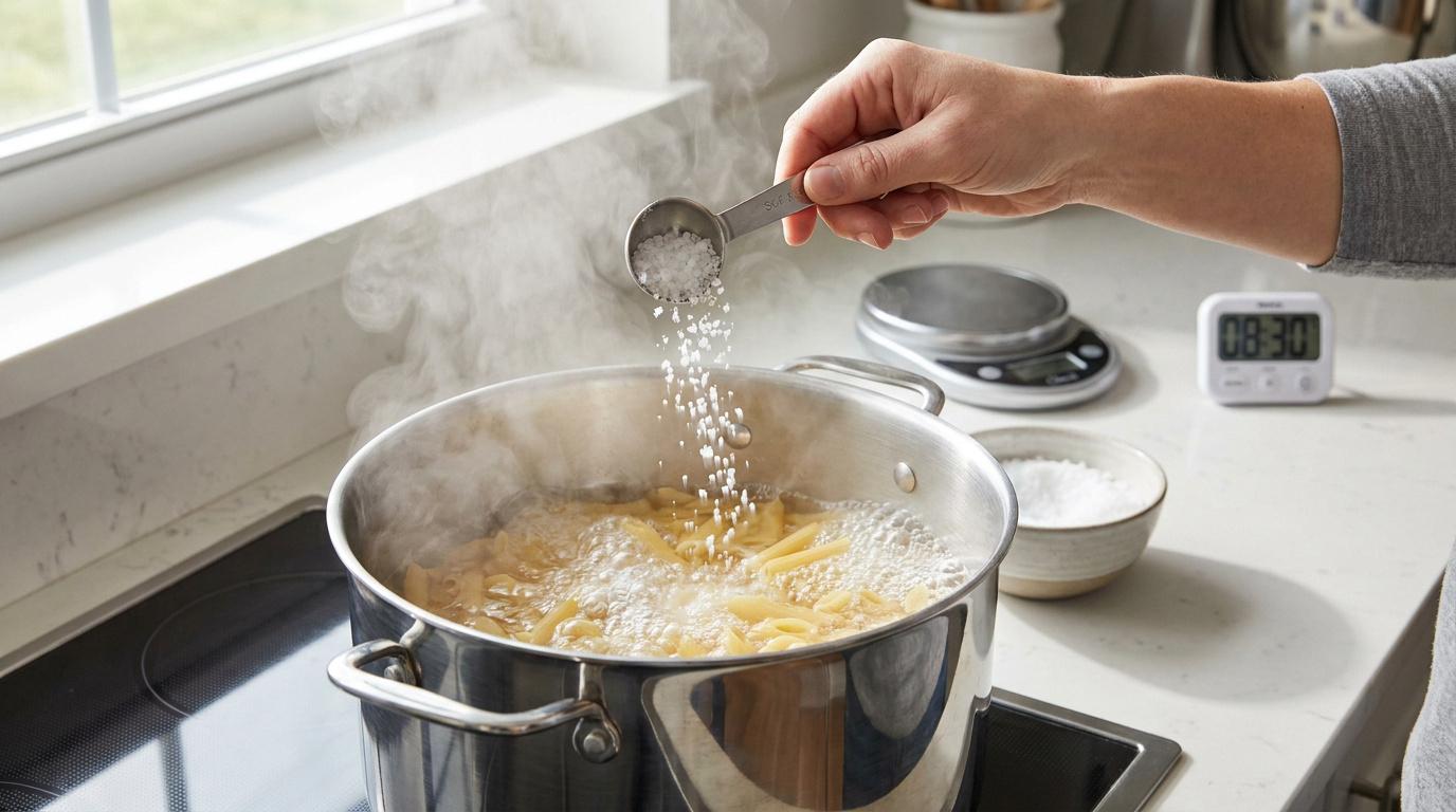 Une main verse du sel avec une cuillère doseuse dans une casserole de pâtes fumantes sur une plaque de cuisson.