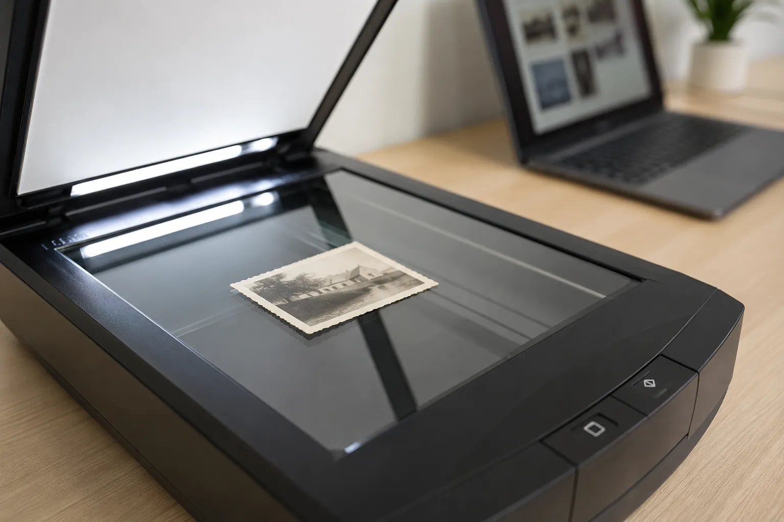 Scanner à plat utilisé pour numériser un tirage photo papier argentique