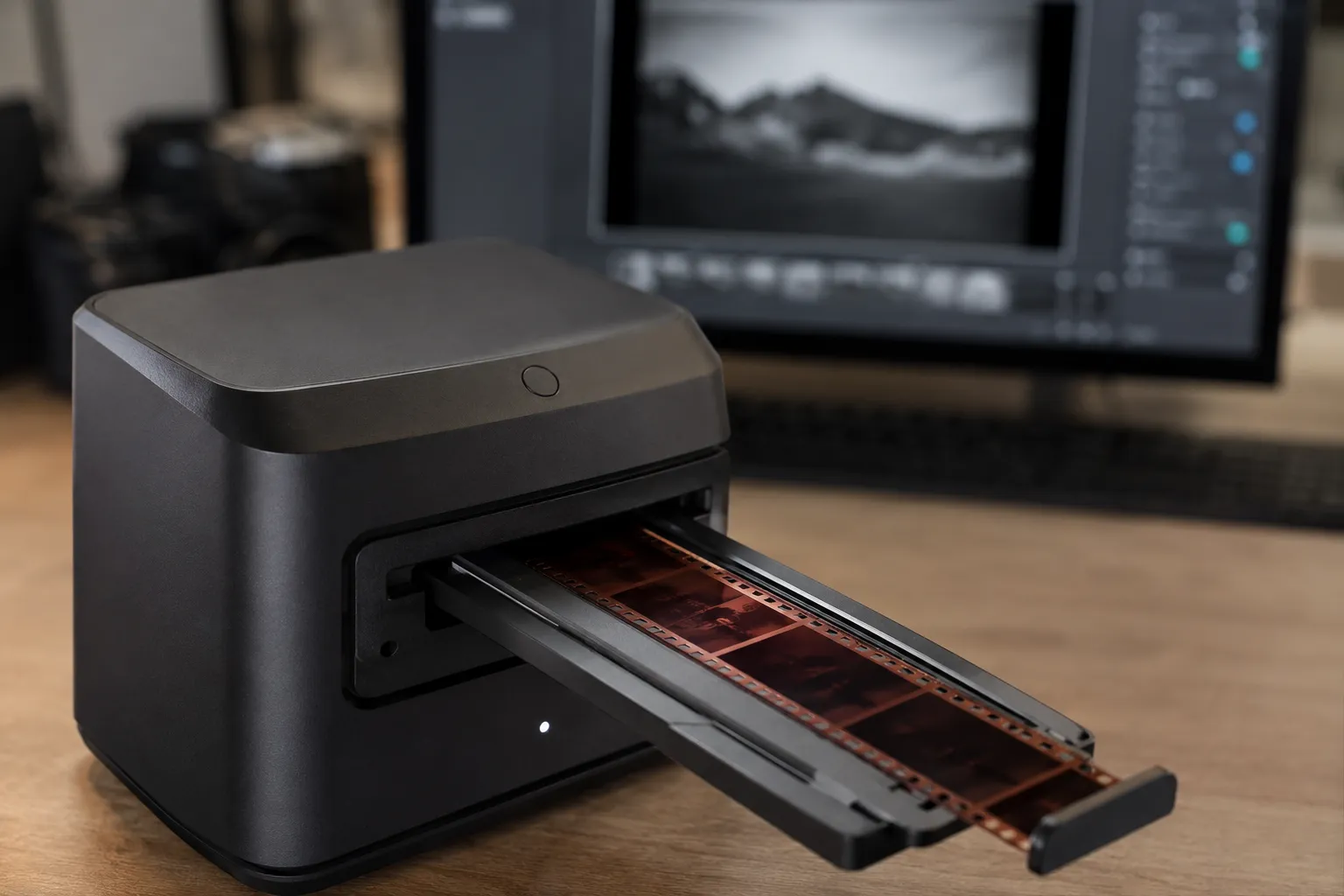 Scanner dédié aux négatifs 35 mm et diapositives en cours de numérisation