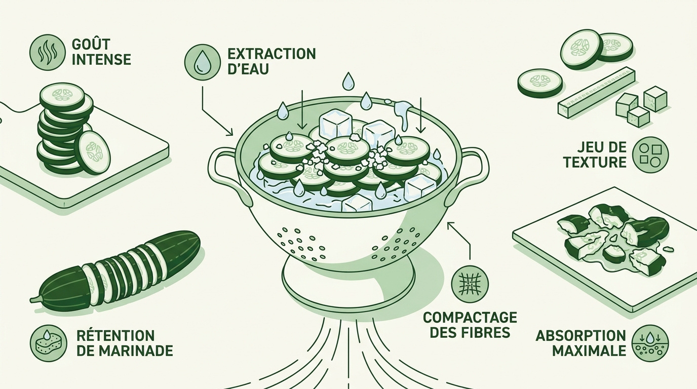 Comparaison visuelle entre le tranchage en accordéon et la technique du concombre fracassé pour marinade