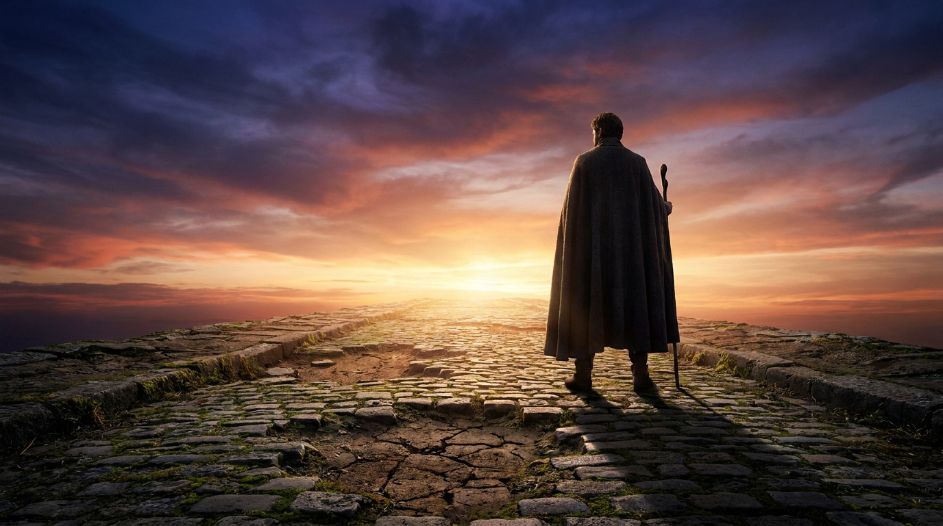 Un voyageur en cape se tient sur un chemin pavé ancien face à un coucher de soleil dramatique.